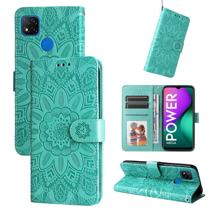 Embossed sunflower leather wallet phone case with magnetic flip, green