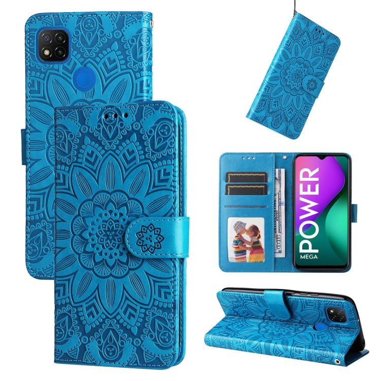 Embossed sunflower leather wallet phone case with magnetic flip, blue