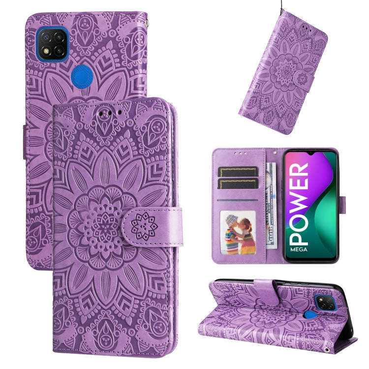 Embossed sunflower leather wallet phone case with magnetic flip, purple