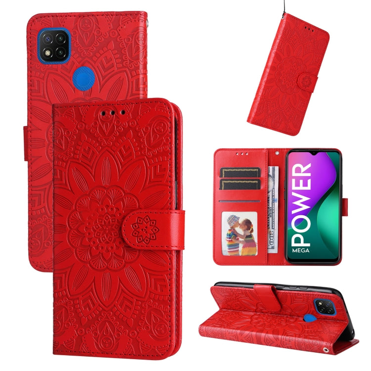 Embossed sunflower leather wallet phone case with magnetic flip, red