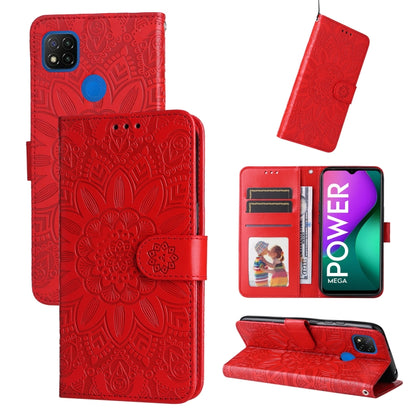 Embossed sunflower leather wallet phone case with magnetic flip, red