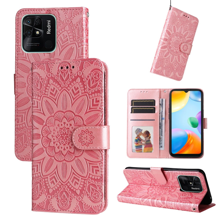 Embossed sunflower leather wallet phone case with magnetic flip, pink