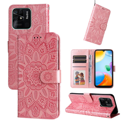 Embossed sunflower leather wallet phone case with magnetic flip, pink