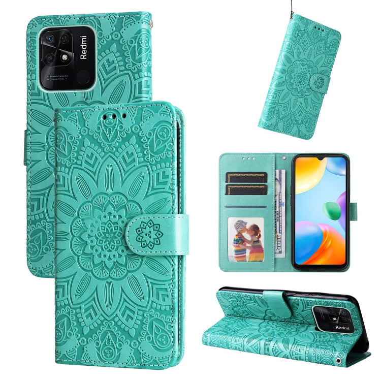 Embossed sunflower leather wallet phone case with magnetic flip, green