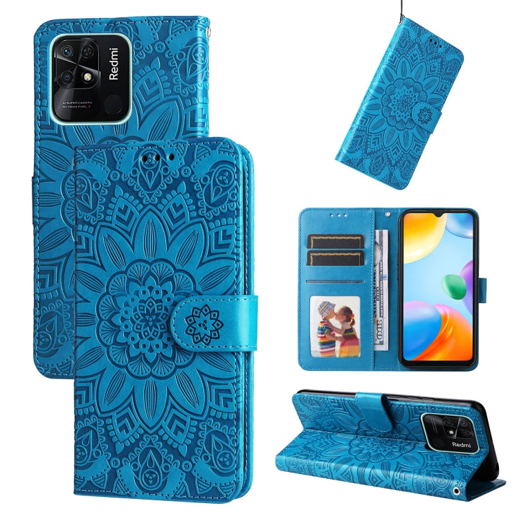 Embossed sunflower leather wallet phone case with magnetic flip, blue