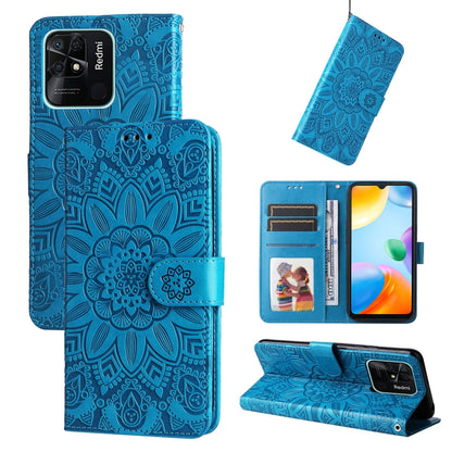 Embossed sunflower leather wallet phone case with magnetic flip, blue