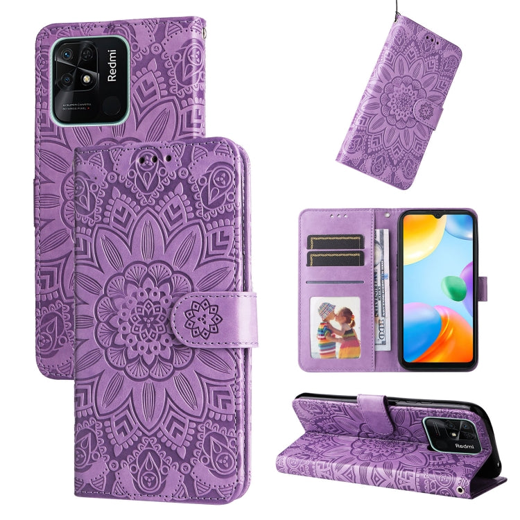 Embossed sunflower leather wallet phone case with magnetic flip, purple