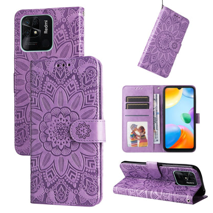 Embossed sunflower leather wallet phone case with magnetic flip, purple