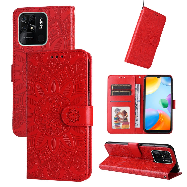 Red embossed sunflower leather phone case folio wallet with magnetic strap