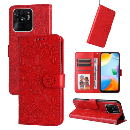 Red embossed sunflower leather phone case folio wallet with magnetic strap