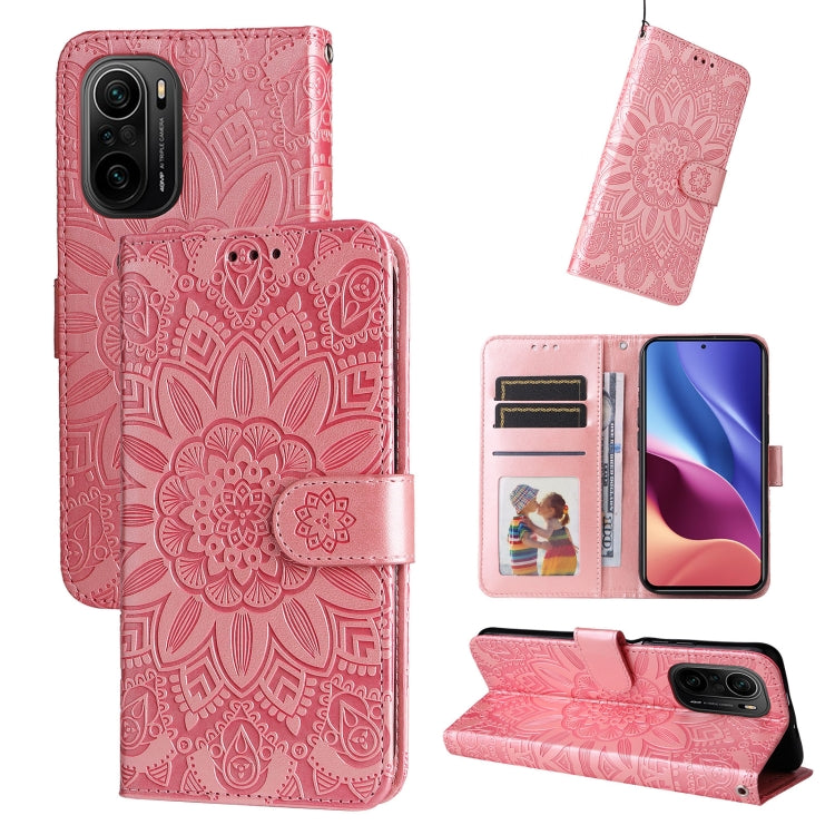 Pink embossed sunflower leather phone case folio wallet with magnetic strap