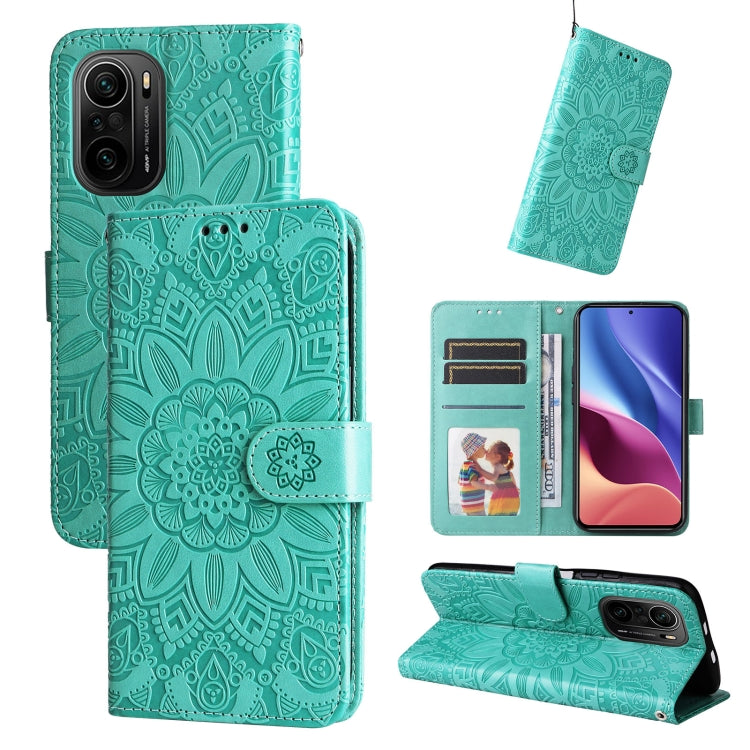Green embossed sunflower leather phone case folio wallet with magnetic strap