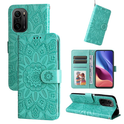 Green embossed sunflower leather phone case folio wallet with magnetic strap