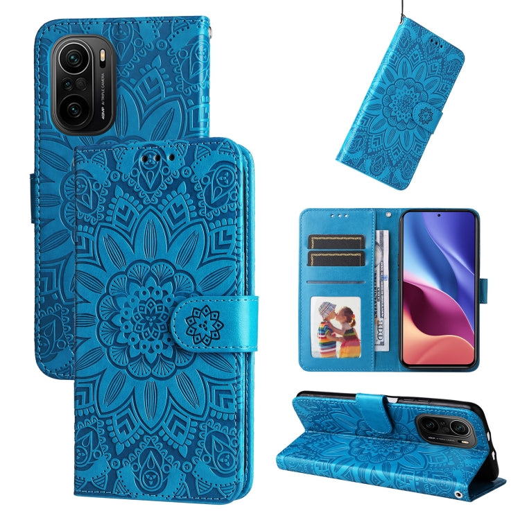 Blue embossed sunflower leather phone case folio wallet with magnetic strap