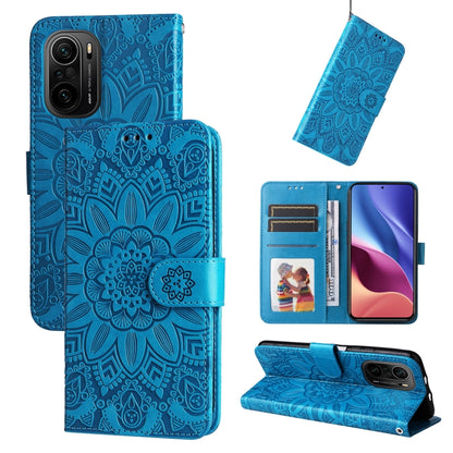 Blue embossed sunflower leather phone case folio wallet with magnetic strap