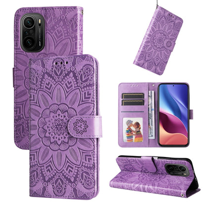 Purple embossed sunflower leather phone case folio wallet with magnetic strap