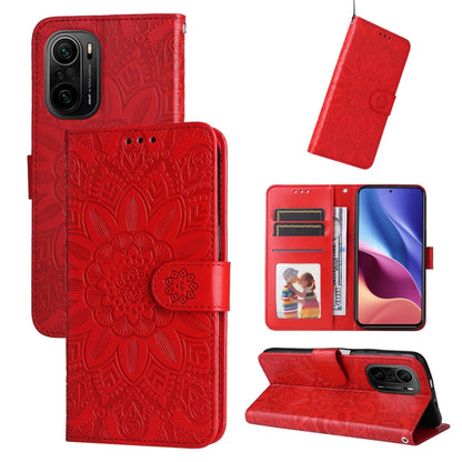 Red embossed sunflower leather phone case with card slots and magnetic closure