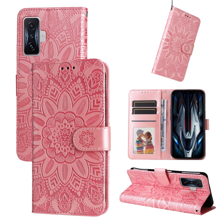 Pink embossed sunflower leather phone case with card slots and magnetic closure