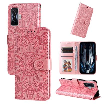 Pink embossed sunflower leather phone case with card slots and magnetic closure