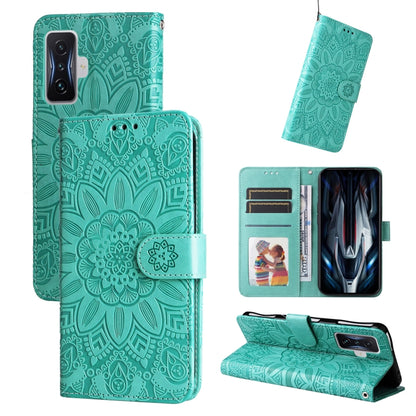 Green embossed sunflower leather phone case with card slots and magnetic closure