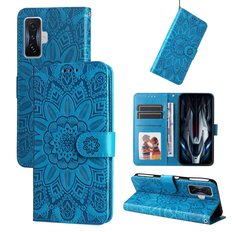 Blue embossed sunflower leather phone case with card slots and magnetic closure