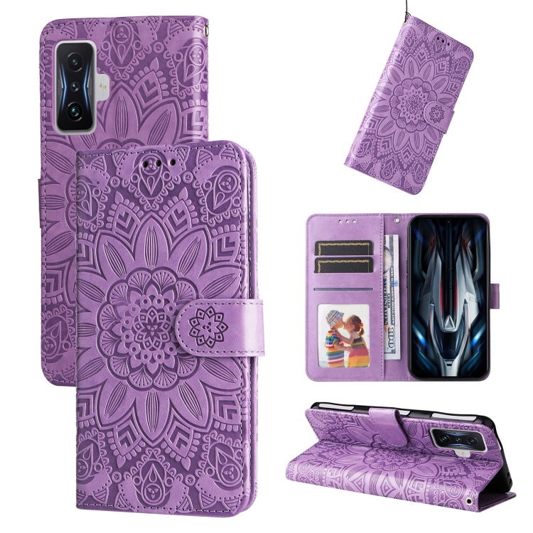 Purple embossed sunflower leather phone case with card slots and magnetic closure