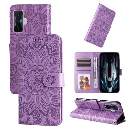 Purple embossed sunflower leather phone case with card slots and magnetic closure