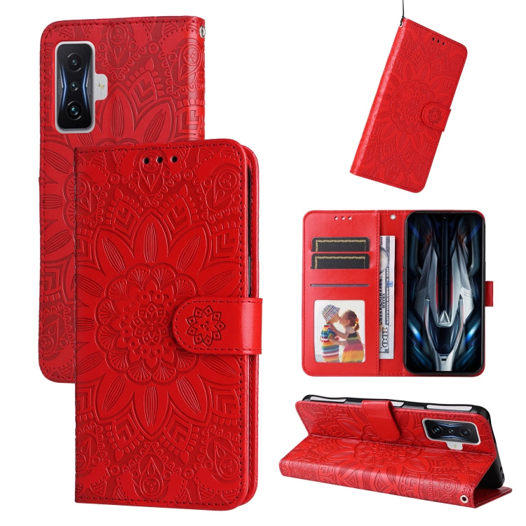 Red embossed sunflower leather phone case with card slots and stand