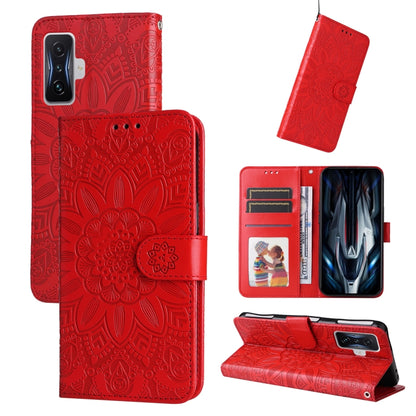 Red embossed sunflower leather phone case with card slots and stand