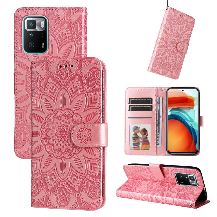 Pink embossed sunflower leather phone case with card slots and stand