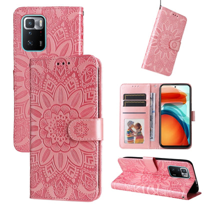 Pink embossed sunflower leather phone case with card slots and stand