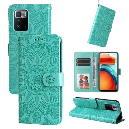Green embossed sunflower leather phone case with card slots and stand