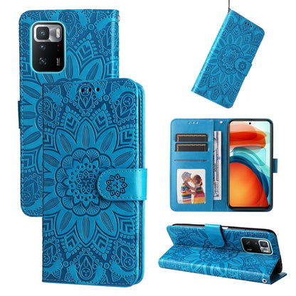 Blue embossed sunflower leather phone case with card slots and stand