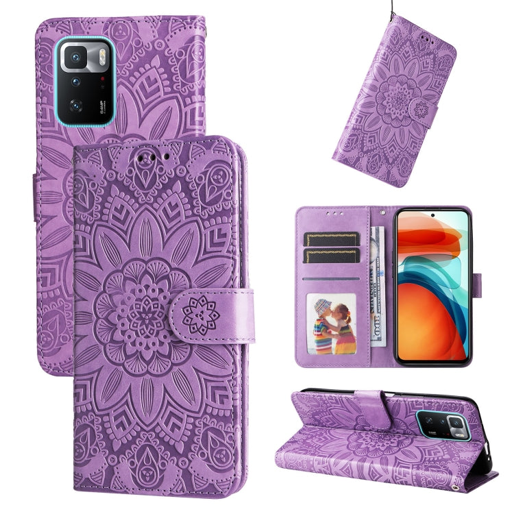 Purple embossed sunflower leather phone case with card slots and stand