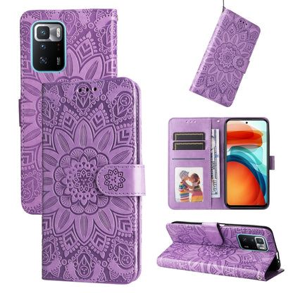 Purple embossed sunflower leather phone case with card slots and stand