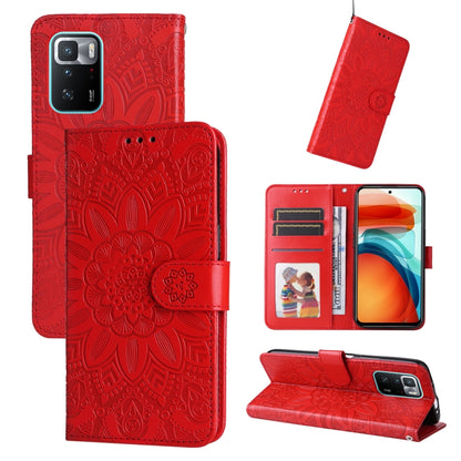Red embossed sunflower leather phone case with card slots and stand