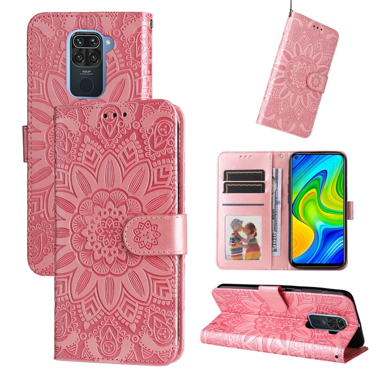 Pink embossed sunflower leather phone case with card slots and stand