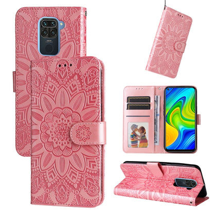 Pink embossed sunflower leather phone case with card slots and stand
