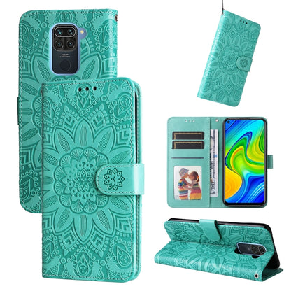 Green embossed sunflower leather phone case with card slots and stand