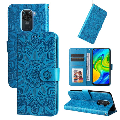 Blue embossed sunflower leather phone case with card slots and stand
