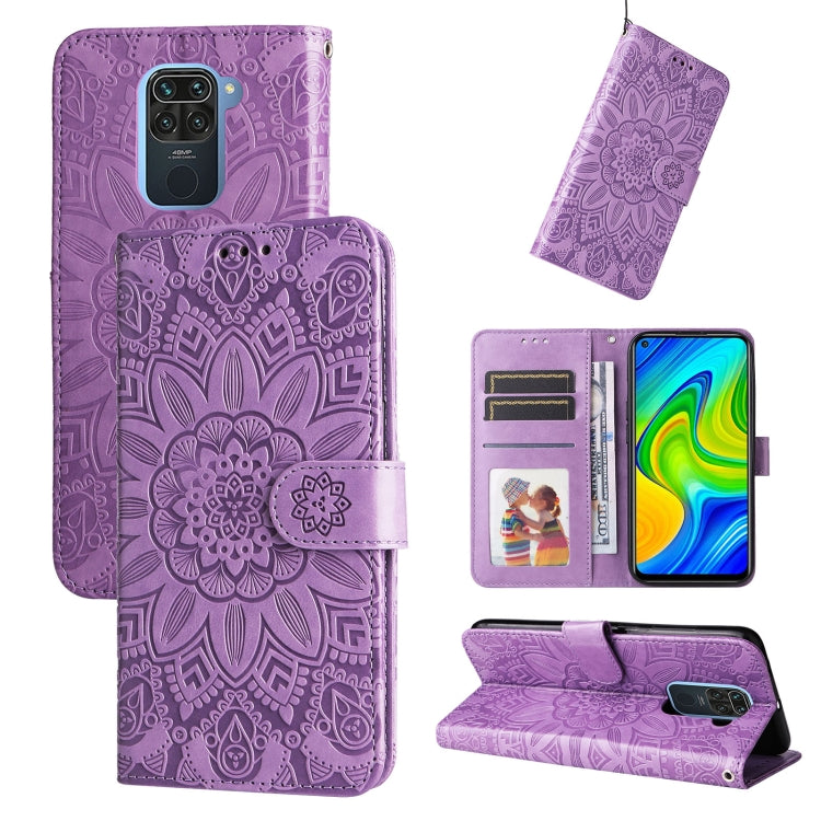 Purple embossed sunflower leather phone case with card slots and stand