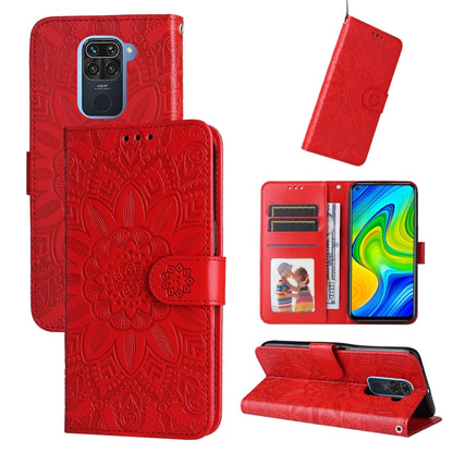Embossed sunflower leather phone wallet case, red, card slots and kickstand