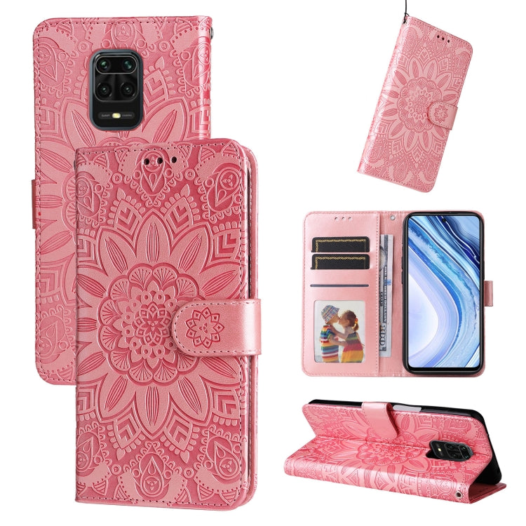 Embossed sunflower leather phone wallet case, pink, card slots and kickstand