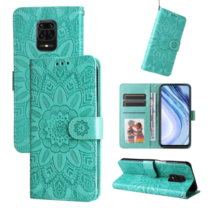 Embossed sunflower leather phone wallet case, teal, card slots and kickstand