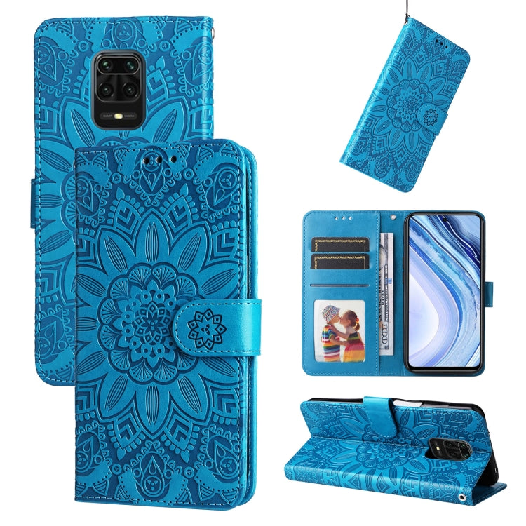Embossed sunflower leather phone wallet case, blue, card slots and kickstand