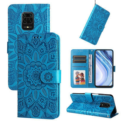 Embossed sunflower leather phone wallet case, blue, card slots and kickstand