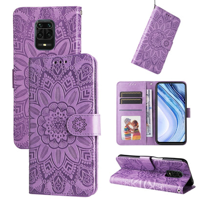 Embossed sunflower leather phone wallet case, purple, card slots and kickstand