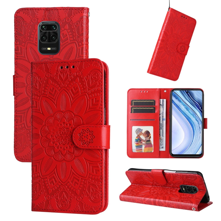 Embossed sunflower leather phone wallet case, red, card slots and kickstand