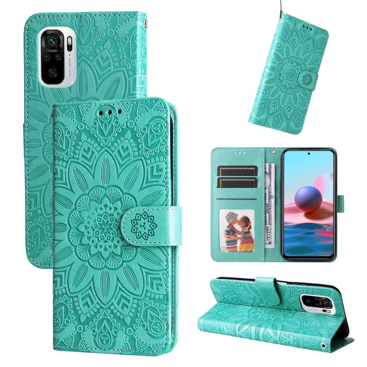 Embossed sunflower leather phone wallet case, teal, card slots and kickstand