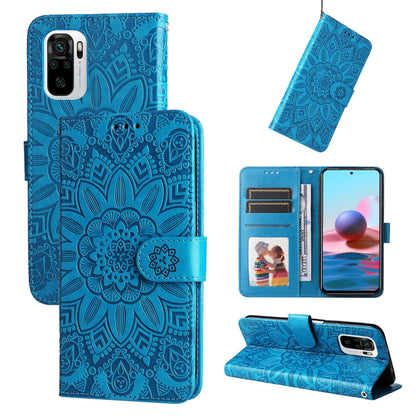 Embossed sunflower leather phone wallet case, blue, card slots and kickstand
